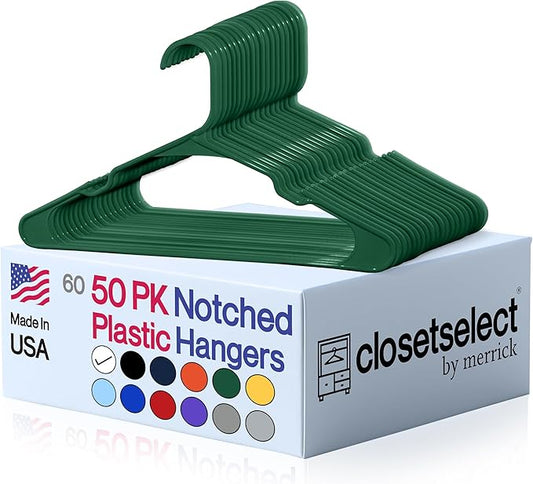 Closetselect Plastic Hangers 50 Pack - Space Saving Clothes Hangers, Made in USA, Durable & Strong Plastic Shirt & Coat Hanger with Notches & Shoulder Grooves, Non-Slip Clothing Hangers | Carpet Green
