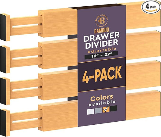 4-Pack Bamboo Drawer Dividers - 2.6 in High, Adjustable 16 to 22 in Expandable Drawer Organizers and Dresser Separators for Clothes, Bedroom, Bathroom, Kitchen, and Office Organization and Storage