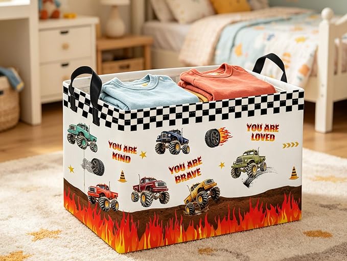 Rectangular Kids Baskets Monster Truck Basket Cute Storage Bins Organizer Box Boys Room Decor for Home.(Flame Racing)