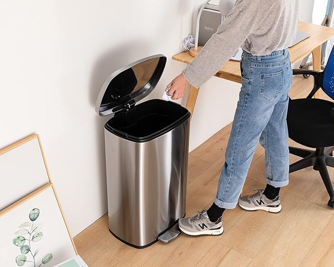 13 Gallon/50 L Garbage Can Kitchen Trash Can with Lid for Office Bedroom Bathroom Step Trash Bin Fingerprint-Proof Brushed Stainless Steel 13 Gallon / 50 Liter