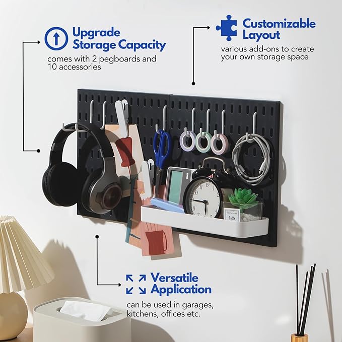 Keepo Peg Board Wall Organizer – Plastic Pegboard Panels, Modular Peg Board Storage System for Home Office, Craft Room, Gaming Setup (Black, 22″×11″)