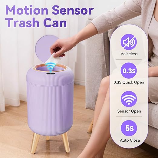 Motion Sensor Bathroom Trash Can with Lid, 3 Gallon/11L Automatic Bathroom Wastebasket,Touchless Trash Bin with Removable Legs for Kitchen,Office,Toilet,Bedroom,Smart Sensor Trashcan-Purple