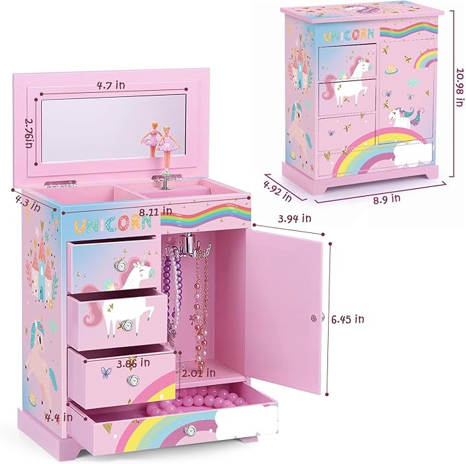 Large Jewelry Box for Girls 5-Layer Music Box with Spinning Ballerina Unicorn Necklace & Bracelet Set Kids Jewelry Organizer Birthday Christmas Gift for 5-8 Year Old Girls(Pink&Blue)