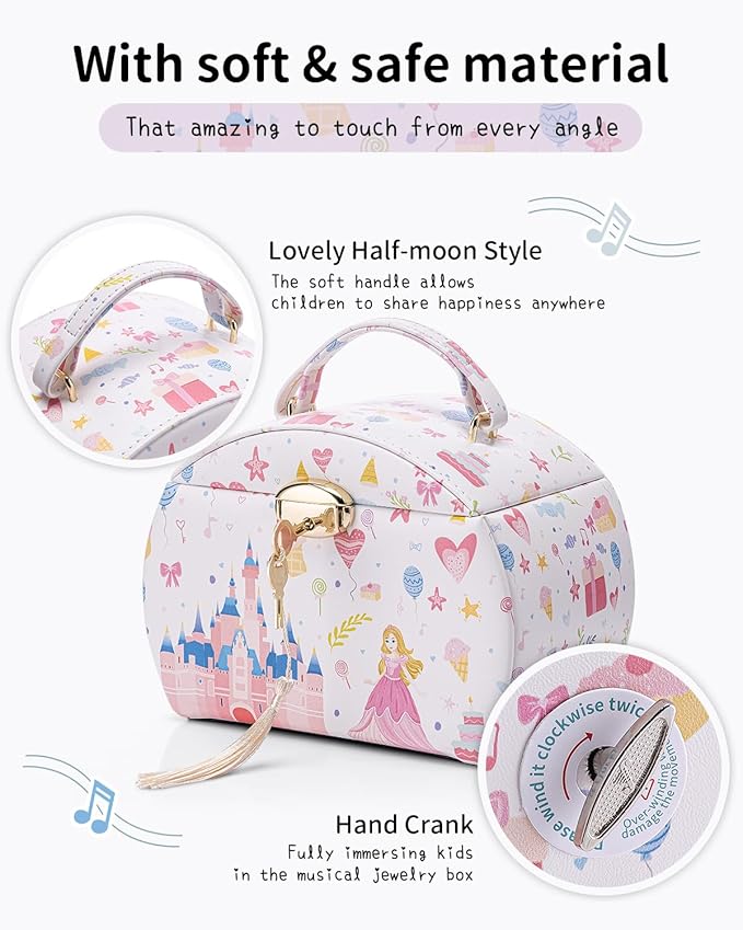 VLANDO Musical Jewelry Box for Girls Kids with Drawer, Music Box with Ballerina and Stickers for Birthday Bedroom Decor, Fantasy Princess