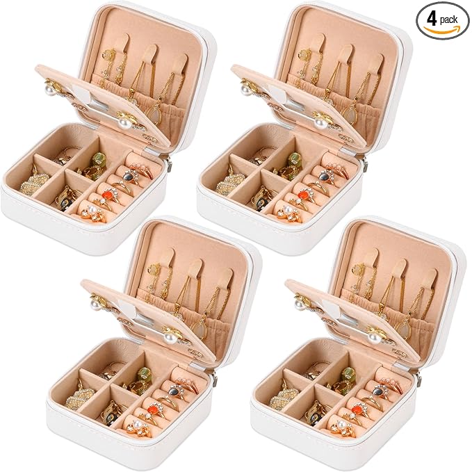 Neveika Jewelry Box with Mirror,Small Jewelry Organizer Box，Travel Jewelry Case for Women，Gift Jewelry Boxes for Female Girls (4pcs mirror white)