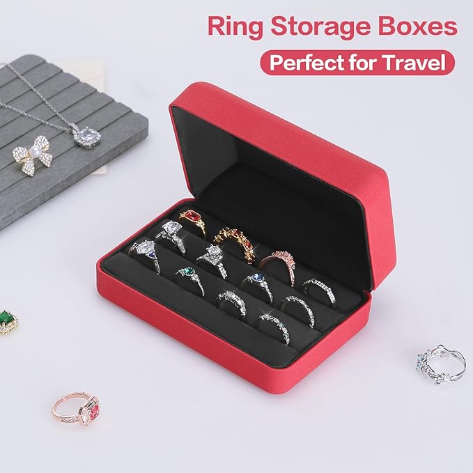 KUKUVR Velet Ring Storage Box for Multiple Rings, Travel Jewelry Ring Stud Earrings Holder Case, 3 Slot Portable Ring Display Organizer Case (Red)