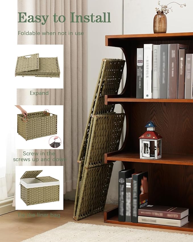 SETVSON Storage Basket with Lid Rattan Woven Storage Baskets with 2 Separate Lids, 17.2 Gallon (65 L), Wicker Storage Bins Foldable, 2 Removable Liner Bags Handles for Bedroom, Laundry Room Green