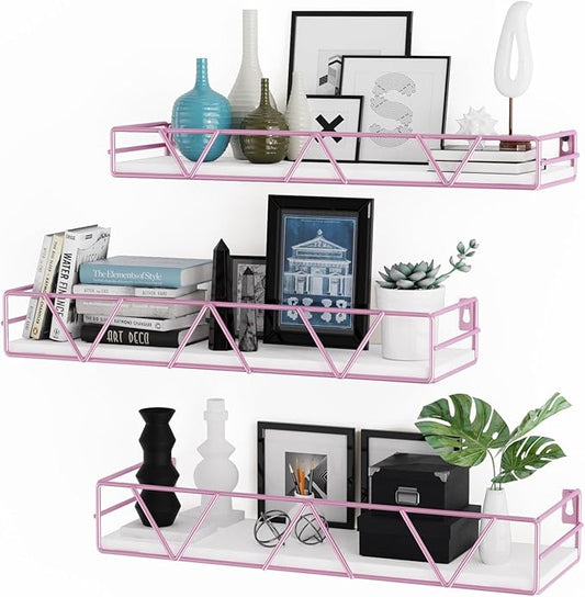 Amaoot Floating Shelves Set of 3, Home Wood Wall Shelf, Farmhouse Shelf for Bedroom, Wall Mounted Floating Shelf for Living Room, Bedroom, Bathroom, Kitchen, Office (Pink)