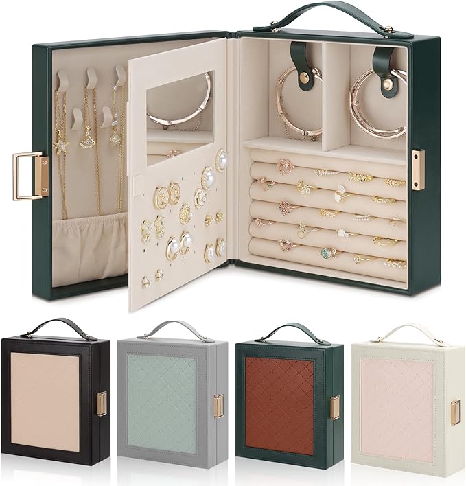 DesignSter Travel Jewelry Case for Woman, Portable Jewelry Travel Box with Mirror, PU Leather Small Jewelry Organizer with Handle for Rings Earrings Bracelets Necklaces(Dark Green & Brown)