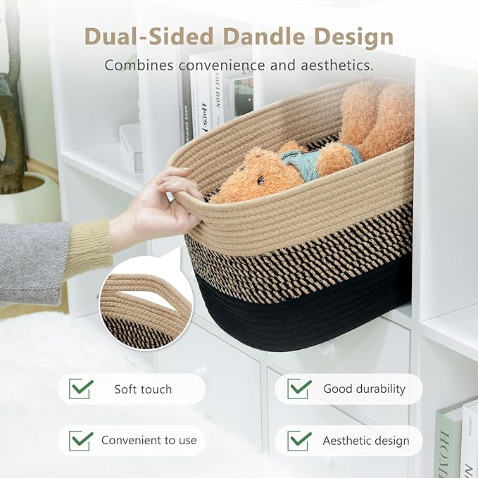 ECDYQXVU Cotton Rope Storage Basket, 15x10x9 Inches, Woven Basket for Shelves, Clothes, Towels, Books, and Laundry, Gradient Black/Brown (1 Pack)