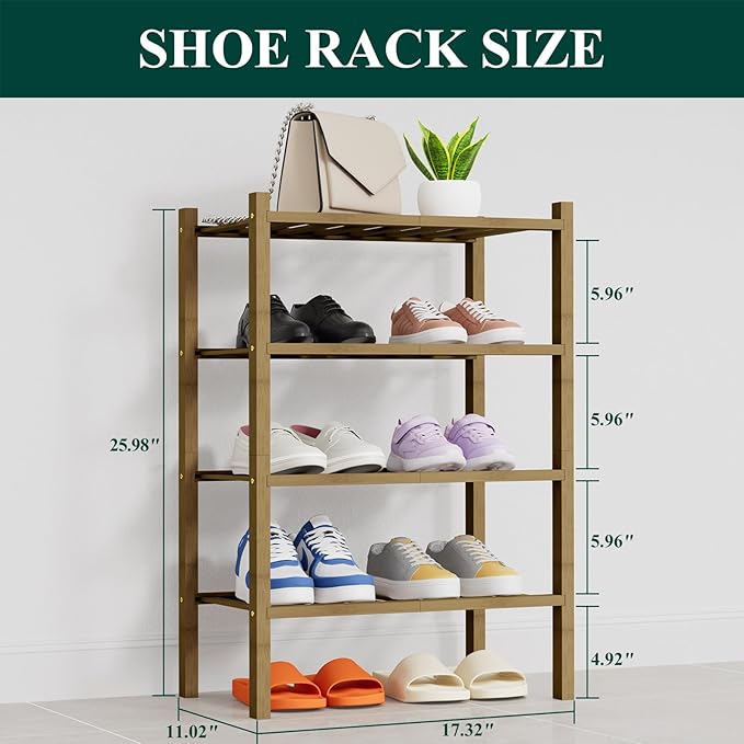 Smiry Shoe Rack, 4 Tier Thick Small Bamboo Shoe Organizer, Stackable Free Standing Wooden Shoe Storage Shelf for Closet, Entryway, Front Door Entrance, Walnut