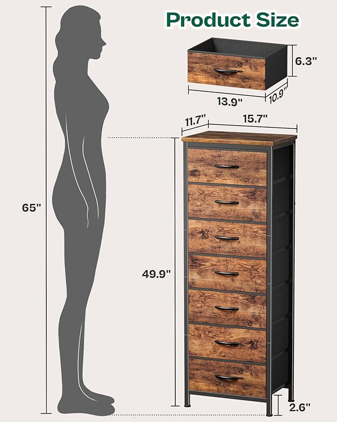 Huuger Tall Dresser for Bedroom, 7 Drawer Dresser & Chests of Drawers, Fabric Drawer for Closet, Bedroom, Night Stand, Metal Frame, Storage Tower with Fabric Bins, Rustic Brown