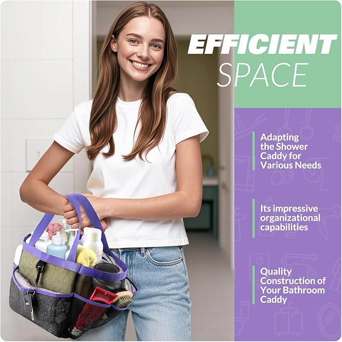 LOYEE Mesh Shower Caddy Portable for College Dorm Room Essentials with 8 Pockets, Shower Bag for Beach, Swimming, Gym, Travel, Bathroom(Purple)
