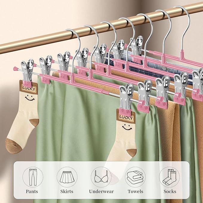 Pants Hangers with Clips 10 Pack Adjustable Skirt Hangers for Women Non-Slip Trousers Hanger for Jeans Clothes Hangers for Pants Heavy Duty Space Saving Shorts Hangers,Pink,14Inch