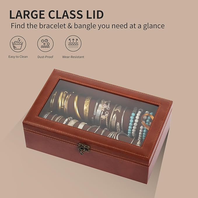 AUTOARK Bracelet & Watch Storage Box with Glass Lid & 2 Anti-Roll Rods,PU Leather Jewelry Case,Soft Lined Locking Organizer for Women,Gift for Dresser & Cabinet Display,Coffee,MKAW143
