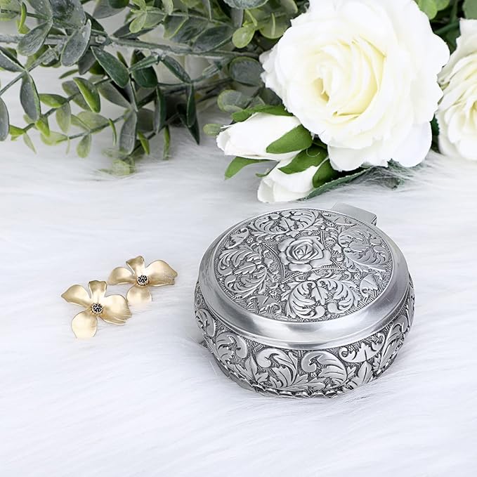 Hipiwe Metal Jewelry Box Vintage Ring Holder Trinket Organizer Small Round Earring Necklace Storage Box Jewelry Display Box Keepsake Box Decorative Jewelry Box Gift for Women
