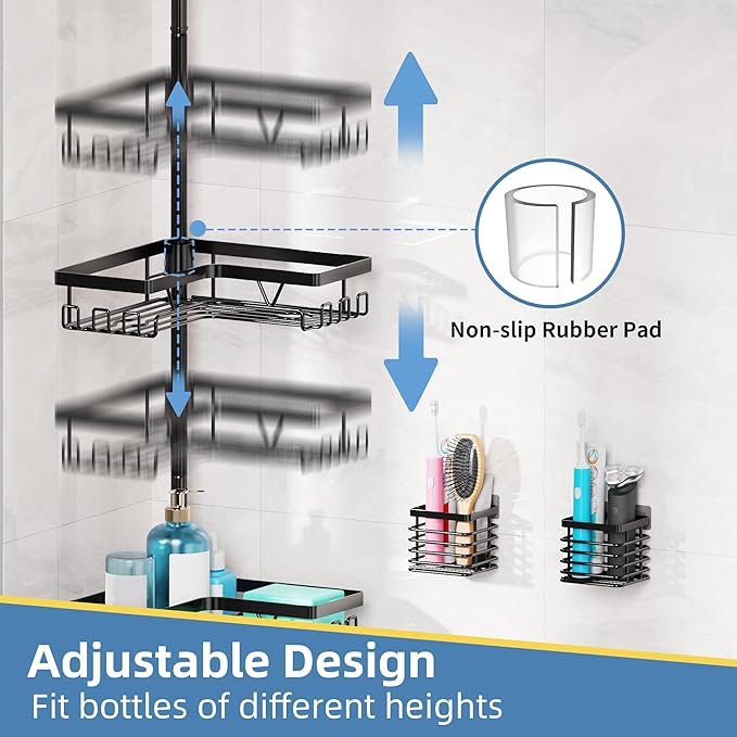 KEGII Set of 2 Wall Mount Toothbrush Holders with Tension Pole Shower Caddy, Rustproof Bathroom Organizer with Soap Holder & Hooks, 4 Adjustable Shower Shelves for Renters, 25-114.2 inch Black