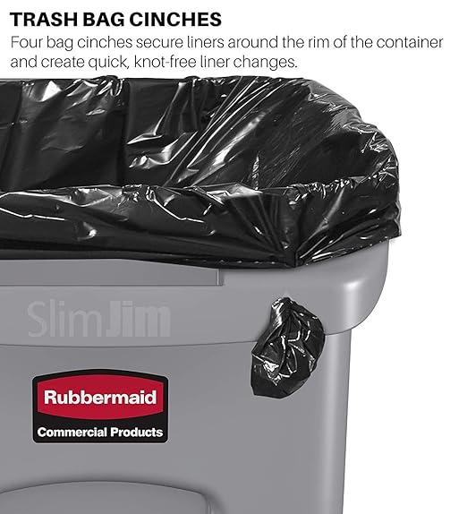 Rubbermaid Commercial Products Slim Jim Plastic Rectangular Trash/Garbage Can With Venting Channels, 23 Gal, Black, for Kitchen/Office/Workspace, Pack of 4