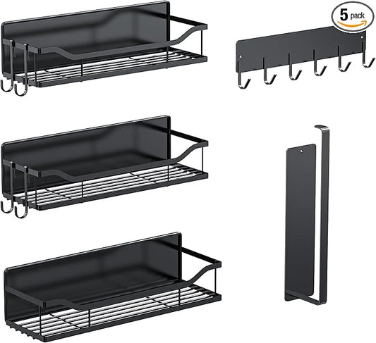 Magnetic Spice Rack,Multifunctional Magnetic Shelf for Washing Machine,Refrigerator,Microwave,and Any Metal Surface,Powerful Magnetic Shelves Include Magnetic Paper Towel Holder (5 pcs - Black)