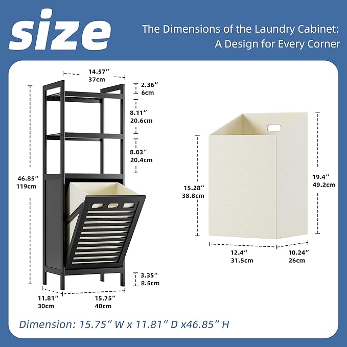 HITNET Tilt Out Laundry Hamper, Bamboo Bathroom Cabinet with Pull Out Removable Bag and 3 Tier Storage Shelves, 10 Gal Clothes Basket with Metal Handle, Black