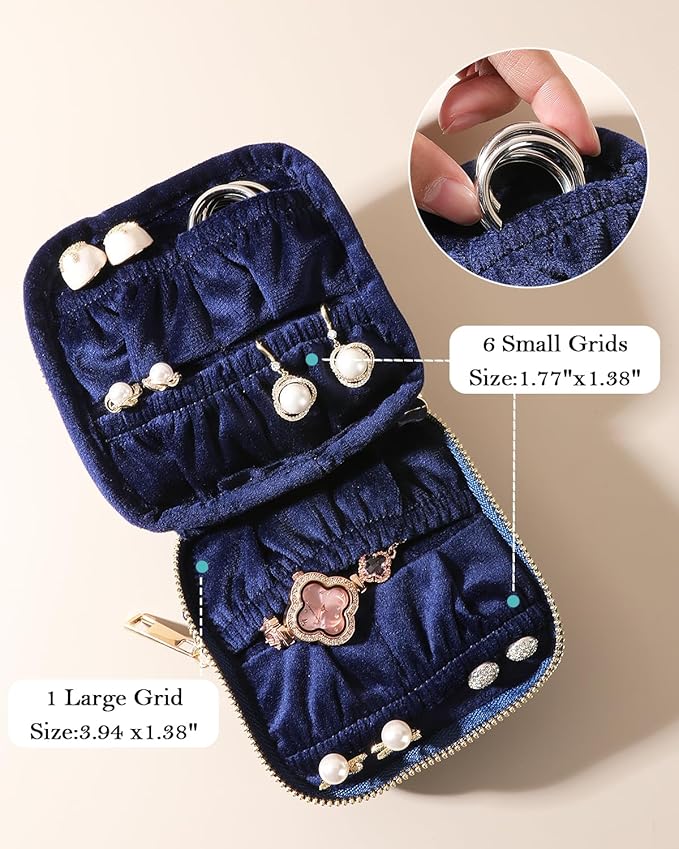 COOLYOUTH Travel Jewelry Case Organizer for Women Portable Jewelry Box with Small Pouches Mini Jewelry Bag for Rings, Bracelets, & Bangles with Smooth Metal Zipper (Navy Blue)