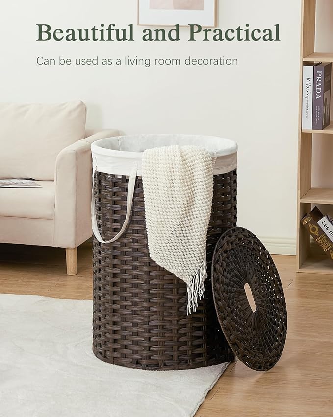 SETVSON Large Laundry Hamper Laundry Basket Round 34.3 Gal (130 L) Handwoven Wicker Laundry Baskets Rattan Laundry Basket with Laundry Bag Handles 2 Mesh Bags for Living Room Bedroom Brown