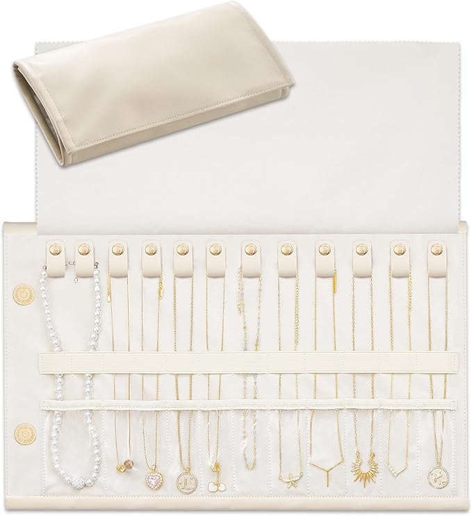 Lolalet Travel Necklace Organizer, Tangle-Free Necklace Case for Travel, Leather Foldable Roll Up Jewelry Storage Bag for Necklaces Chains Bracelets, Mothers Day Gift