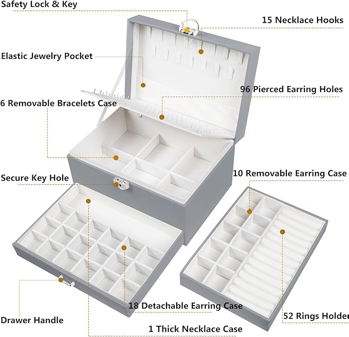 QBestry Earring Jewelry Box for Women Girls Stud Organizers, 5 Layers Grey Jewelry Organizer Box with Lock Necklaces and Earrings Holder Jewelry Box with Earring Organizer for Women Girls Xmas Gifts