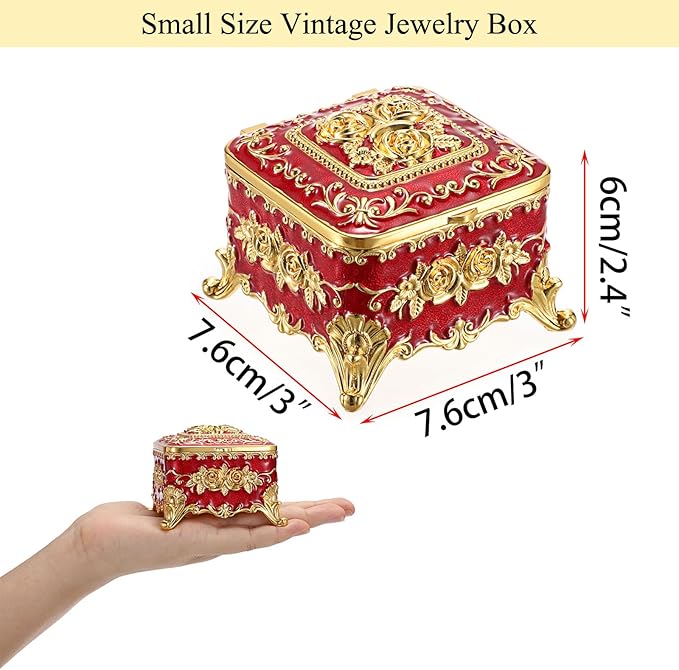 Hipiwe Vintage Metal Jewelry Box - Small Trinket Organizer Ring Box Case with Rose Pattern Jewelry Storage Box for Ring Earrings Necklace, Keepsake Box for Women,Red