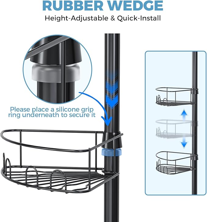 Corner Shower Caddy Tension Pole，4 Tier Adjustable Bathroom Organizer Shelves，Inside Shower Storage With Hidden Hook & Towel Holder,63.7-119 Inch No-Drill Quick Installation Shower Rack,Black