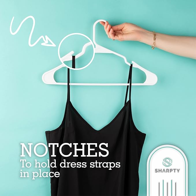 Sharpty Plastic Clothes Hangers – Notched Hangers for Clothes – Space Saving Adult Hangers for Shirts, Dresses, Coats & Pants – Lightweight Closet Organization (35 Pack, White)