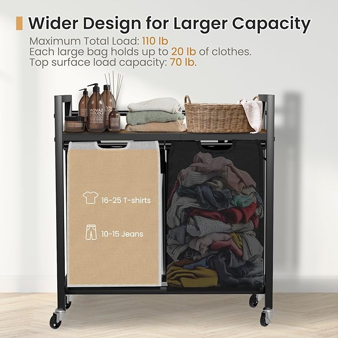 SwaaVee Laundry Hamper, Laundry Basket, Laundry Sorter with 2 Removable Bags, Clothes Basket with 2 Compartments, Wheels, Shelf for Laundry Room Bathroom Bedroom (2 Bags-Black Grey)