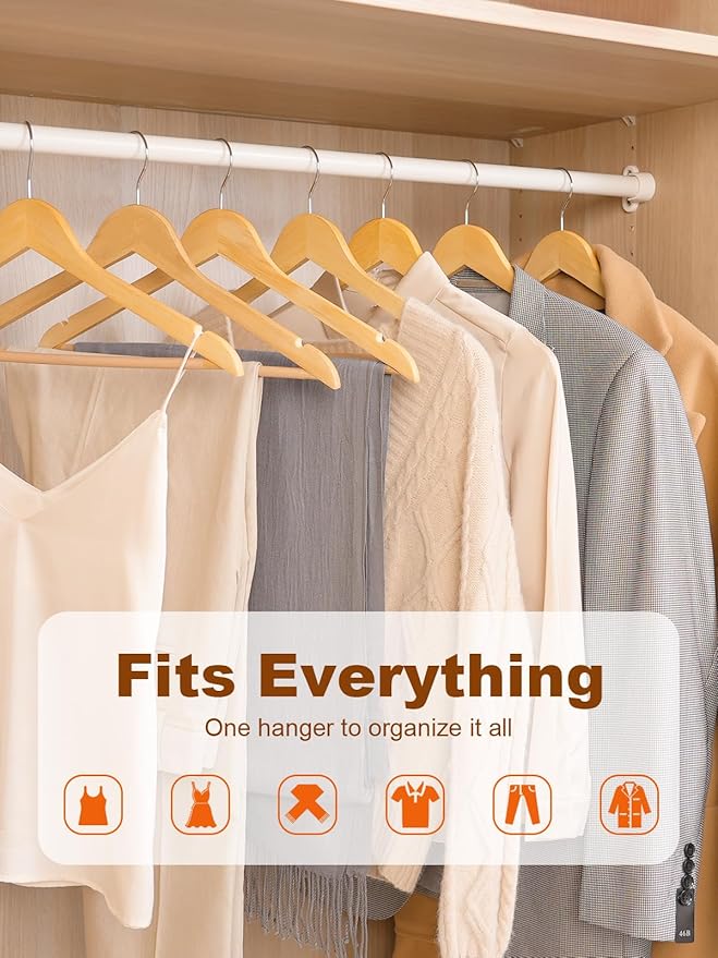 HOUSE DAY Wooden Hangers 20 Pack, Solid Wood Hanger with Non Slip Pant Bar, Heavy Duty Wooden Coat Hanger for Closet, Smooth Finish Wood Clothes Hangers for Shirts, Suits, Jackets, Dresses, Natural