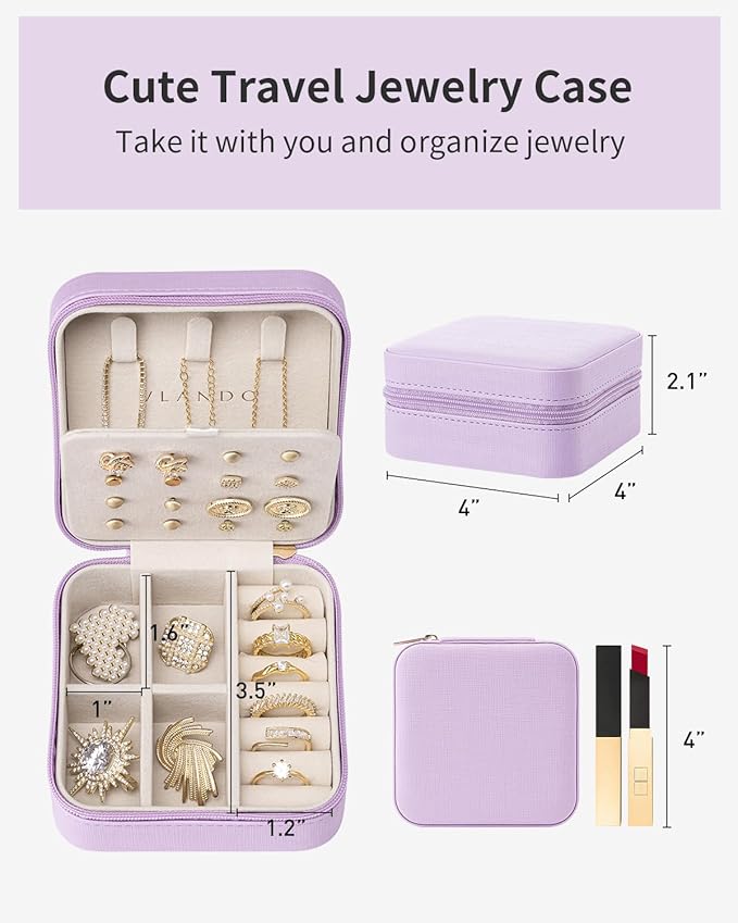 VLANDO Travel Jewelry Case, Small Travel Jewelry Organizer Box for Girls Women - Purple