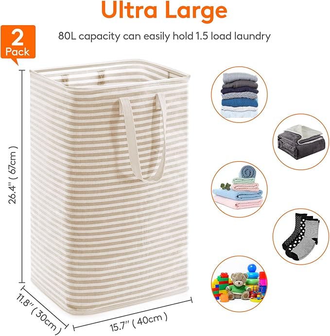 Lifewit 2PcsCesto Ropa Sucia de 80L, Cestos para la Ropa Sucia Grande Plegable e Impermeable con Asas Extensibles, Se Mantiene en Pie y es Fácil de Transportar, para Ropa, Toallas y Juguetes, Beige