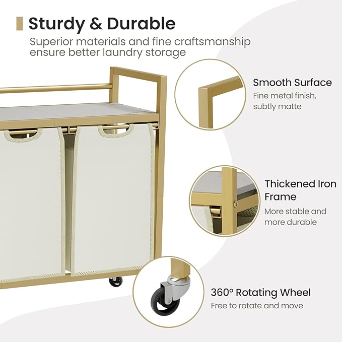 SwaaVee Laundry Hamper, Laundry Basket, Laundry Sorter with 3 Removable Bags, Clothes Basket with 3 Compartments, Wheels, Shelf for Laundry Room Bathroom Bedroom (2 Bags-Golden)