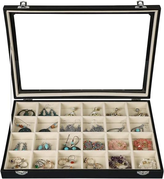 Stratalife Jewelry Tray 24 Grid Earring Organizer with Clear Lid Jewelry Holder Organizer Jewelry Organizer Box Jewelry Storage Crystal Holder For Stones Display (Beige Black)