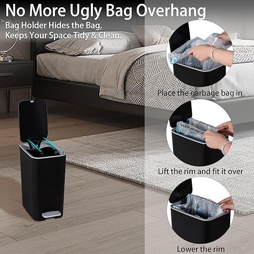 rejomiik Small Bathroom Trash Can with Lid, 2.1 Gallon Step Garbage Can with Handle, Slim Mini Wastebasket Bin for Bedroom, Office, Dorm, Black