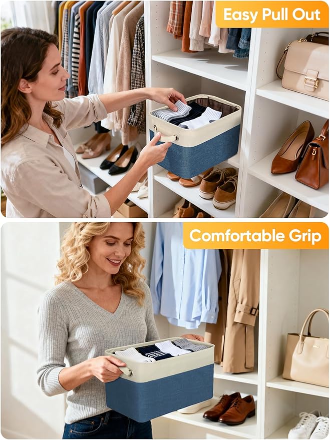 BALEINE 2 Pack Fabric Closet Storage Bins for Shelves, Linen Closet Organizers and Storage, Decorative Baskets for Organizing, Shelf, Clothes, Home, Office (Navy Blue, 14''x10''x8.5'')