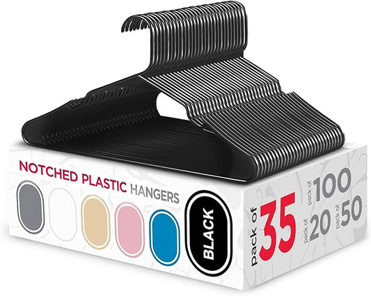 Sharpty Plastic Hangers Clothes Hangers for Clothing, Closet, Coats & Shirts - Notched, Durable & Space Saving - For Everyday Standard Use, Room Essentials & Basics - 35 Pack – Black