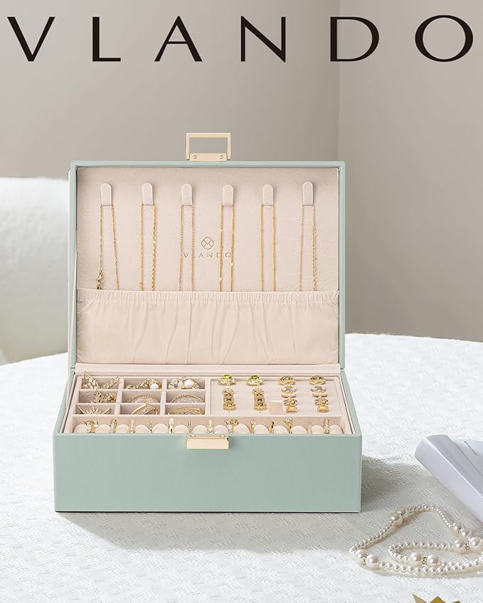 VLANDO 2 Layer Jewelry Box Large Jewelry Organizer for Women Removable Jewelery Tray for Necklace Earrings Rings Bracelets Holidays Gifts for Mom Wife (Green)