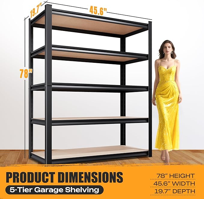 AOARGG 78"H-45.6"W Garage Shelving Heavy Duty Storage Shelves, Metal Adjustable Shelving Unit, Utility Garage Organizer Shelf for Basement, Pantry, Kitchen, Warehouse, 45.6"W x 19.7"D x 78"H