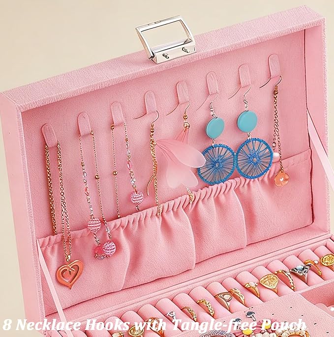 QBestry 3-Layer Jewelry Box for Girls & Teens with Lock and Key, Large Jewelry Organizer with 8 Necklace Hooks & 56 Earring Holes, Pink Velvet Jewelry Storage Box for Necklaces Earrings Rings Bracelet