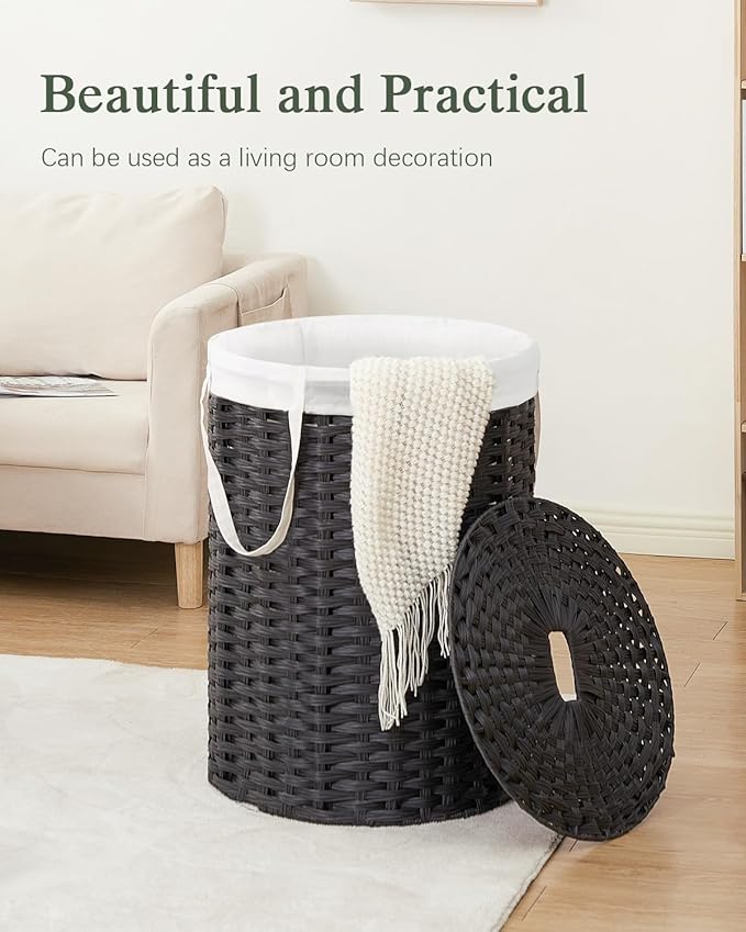 SETVSON Laundry Basket with Lid Round Rattan Laundry Hamper with Lid and Handles 29.1 Gal (110 L) Handwoven Woven Basket with Removable Bags and 2 Mesh Bags for Bathroom Living Room Black