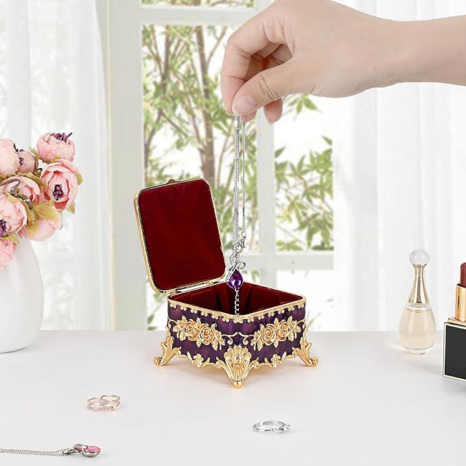 Hipiwe Vintage Jewelry Box Small Trinket Storage Organizer Box Gold Metal Chest Ring Case Treasure Chest Square Keepsake Boxes for Earrings Necklace Gift for Women,Purple