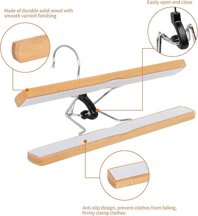 Amazon Basics Sturdy Wooden Pants Hangers for Closet Organization, Natural, 10-Pack
