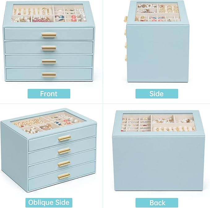 AKOZLIN Jewelry Box with Clear Lid Functional Leather Jewelry Storage Organizer Case 4 Drawers for Women Girls Necklace Ring Bracelet Earring BlueGrey
