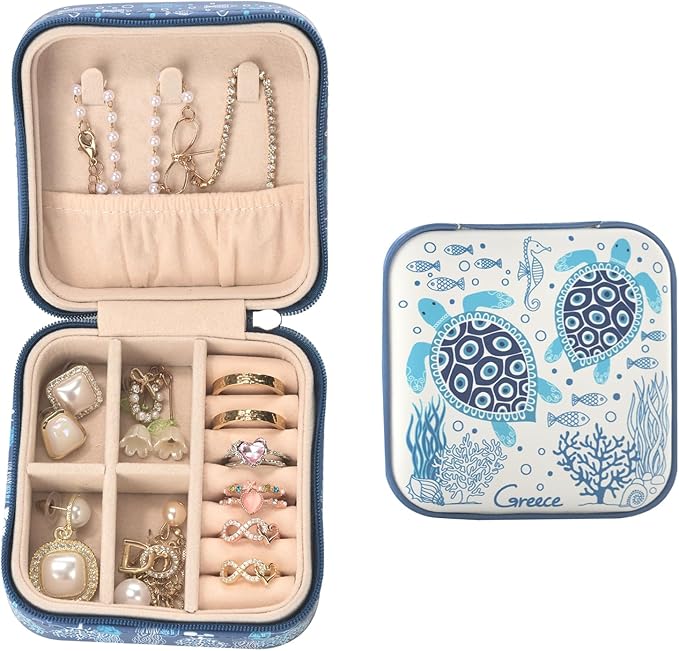 shunmei Mini Travel Jewelry Box,PU Leather Portable Jewelry Organizer Case,Art Accessories Storage Holder Boxes for Earring, Necklace, Rings, Bracelets (Turtle)