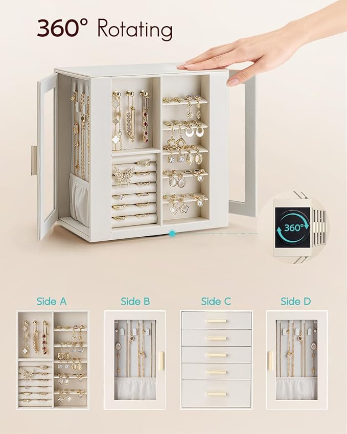 VLANDO 360ｰ Rotating Jewelry Box with 5 Drawers, Mothers Day Mom Gifts, Large Jewelry Storage with 2 Glass Window, PU Leather Jewelry Organizer for Bracelets, Necklaces, Earrings, Rings - Cloud White