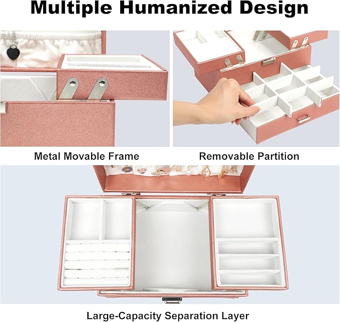 Dajasan Jewelry Organizer Box, Large Jewelry Boxes for Women Girls, Space-Saving 3 Layers Jewelry Storage Case with Drawer, Movable Metal Stand, Modern, Gift Idea (Champagne)